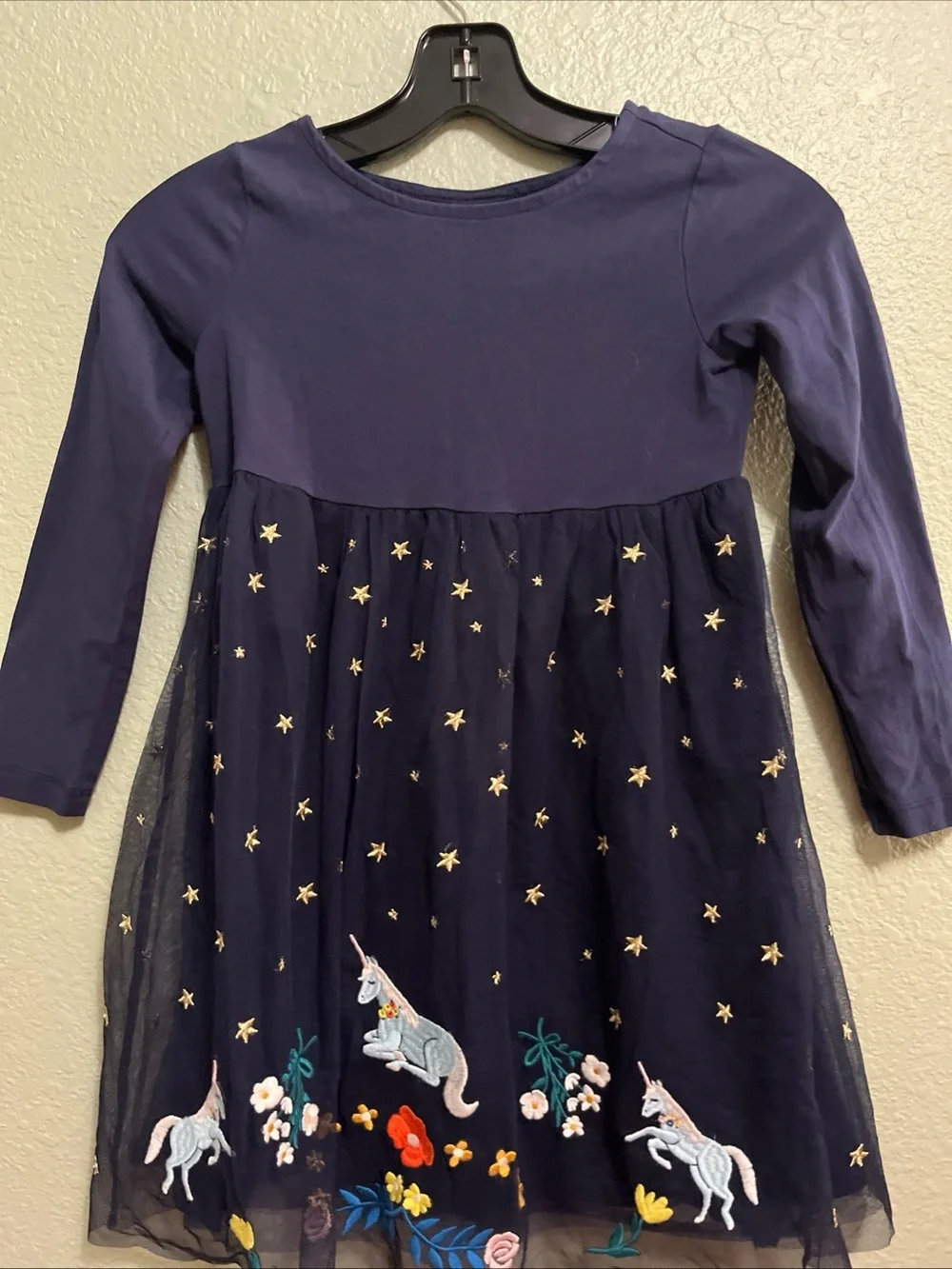 Hanna Andersson Long Sleeve Navy Blue Dress Tulle Unicorn Girls 120 US 6-7